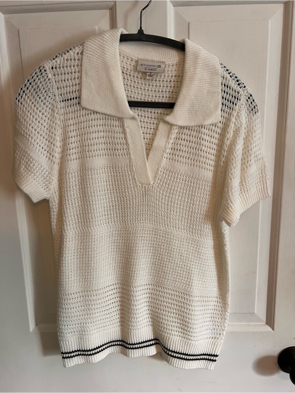 Studio B Cream Knit Polo Sweater with Black Trim